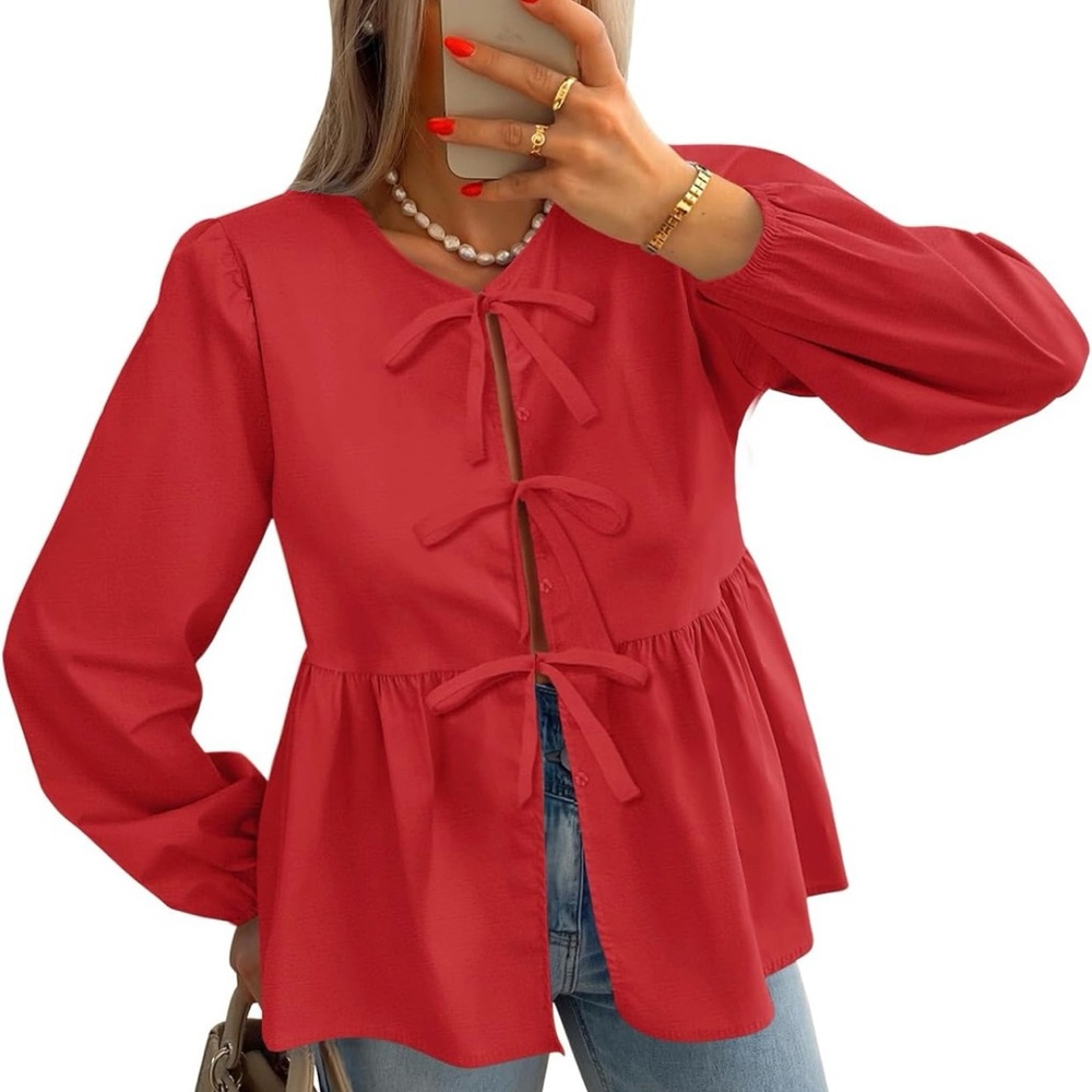 Tie Front Long Puff Sleeve Peplum Babydoll